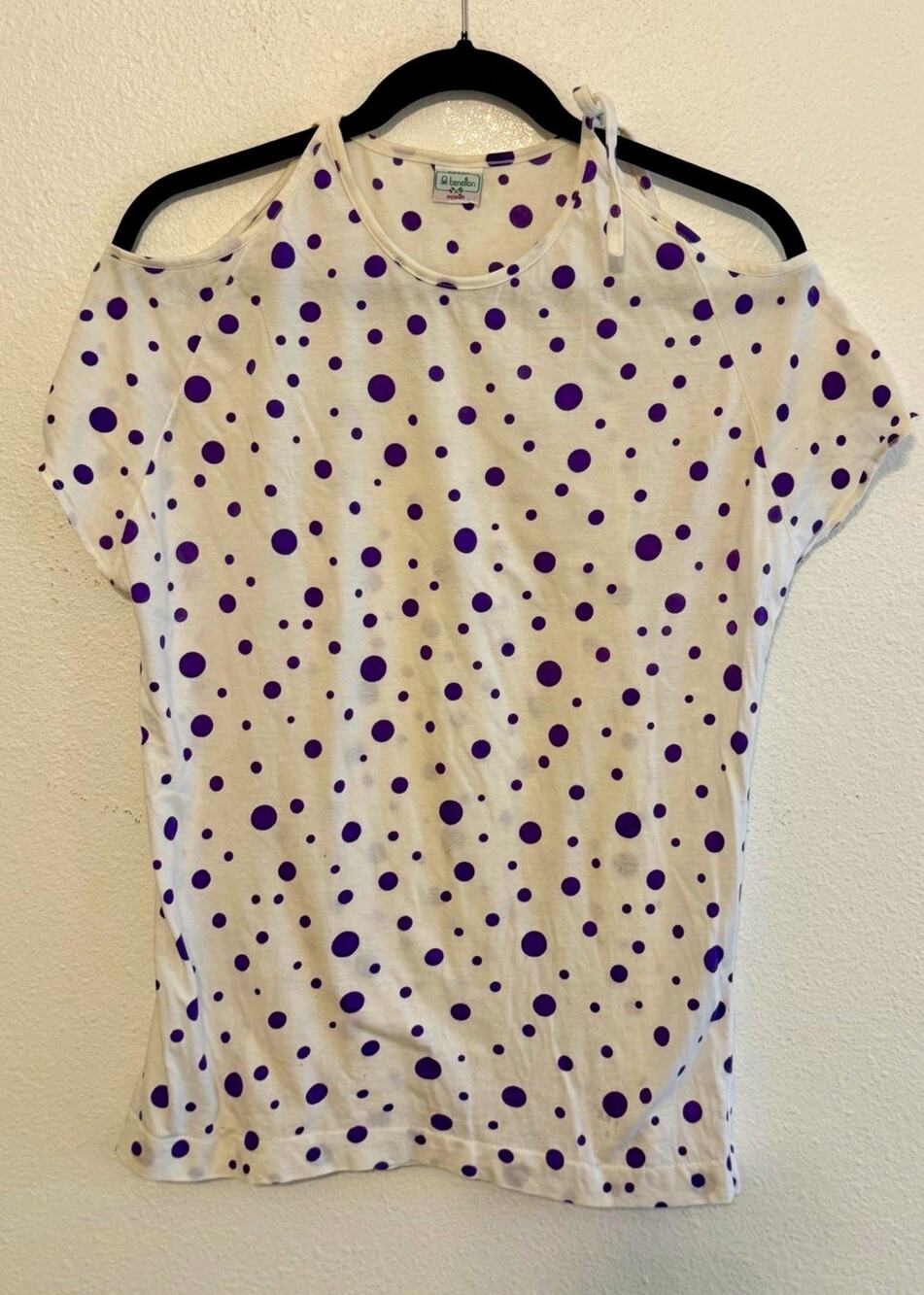 Vintage 80s 90s Benetton Made in Italy Purple Polka Dot Cold Shoulder/Tie Top M